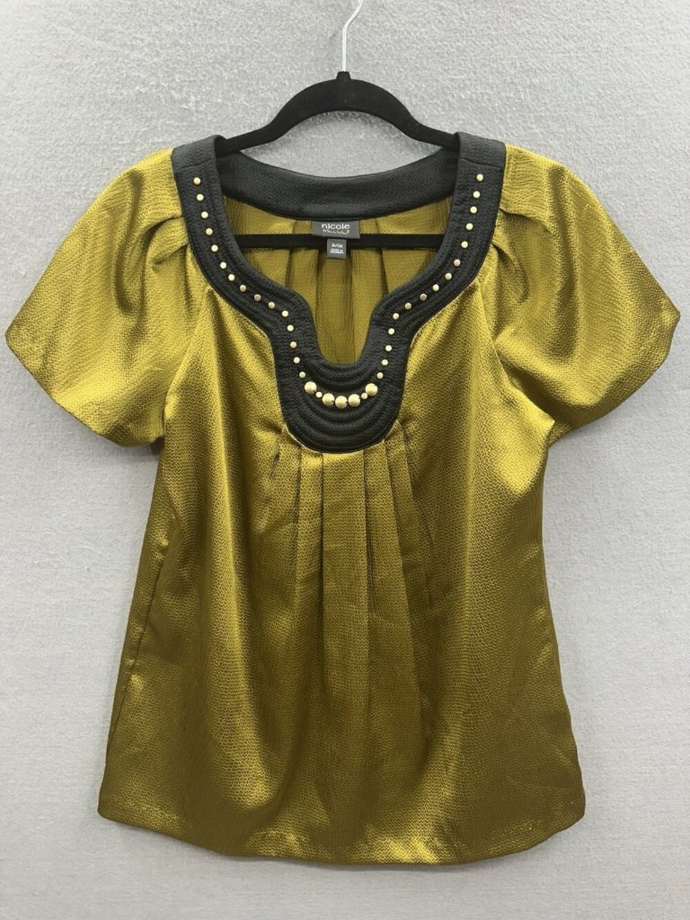 Nicole Miller Top Size S Gold Satin Beaded Blouse Embellished Silk Evening Shirt